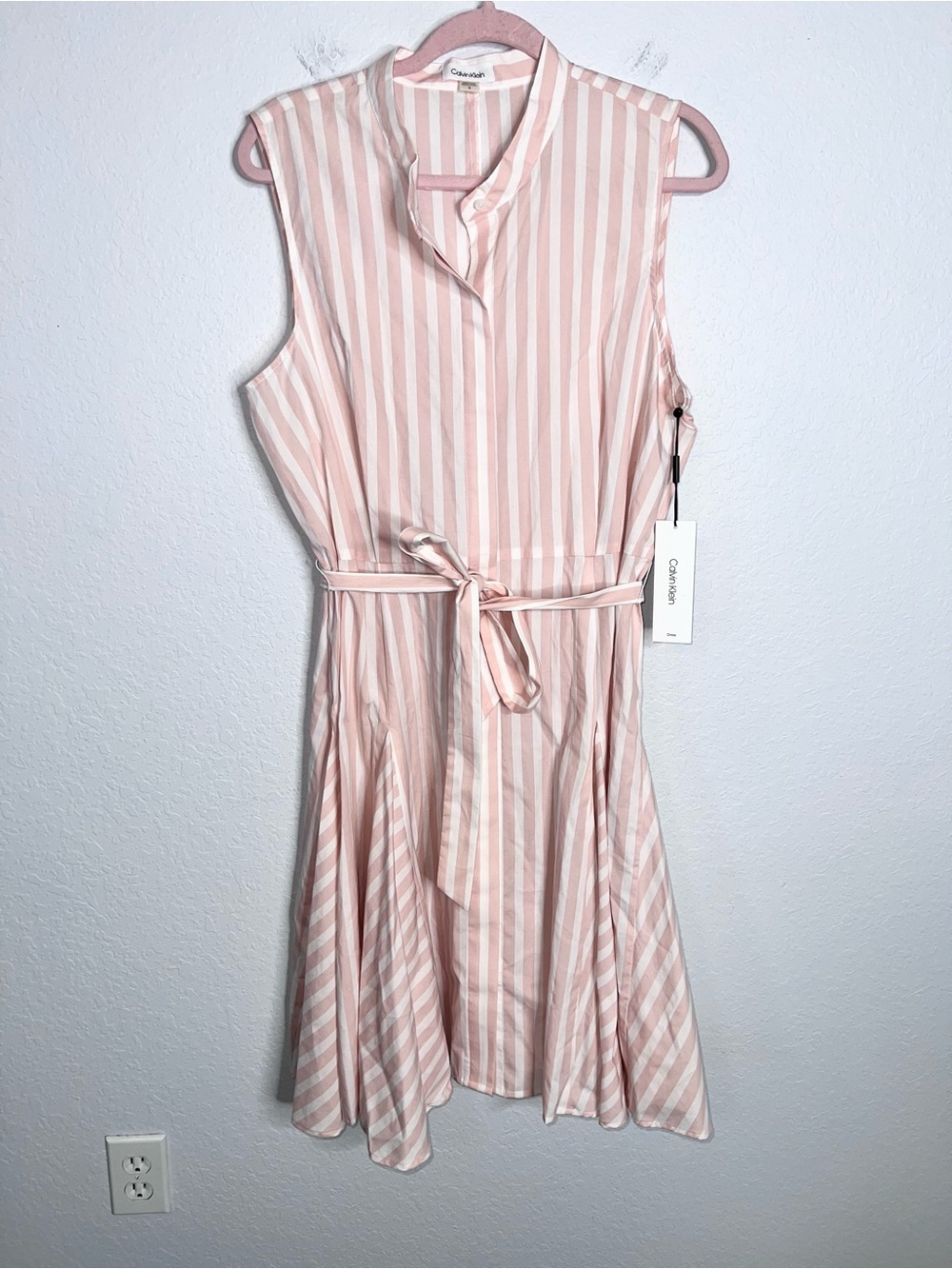 Calvin Klein Dress Women’s Size 16 Stripe Fit & Flare Waist Tie Button Down B25 - Picture 2 of 10